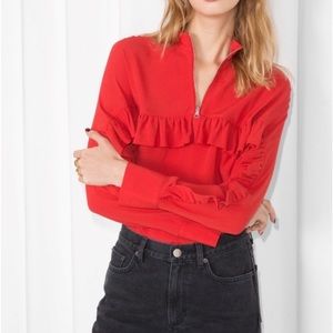 & Other Stories Red Frill Ruffle Zip Blouse